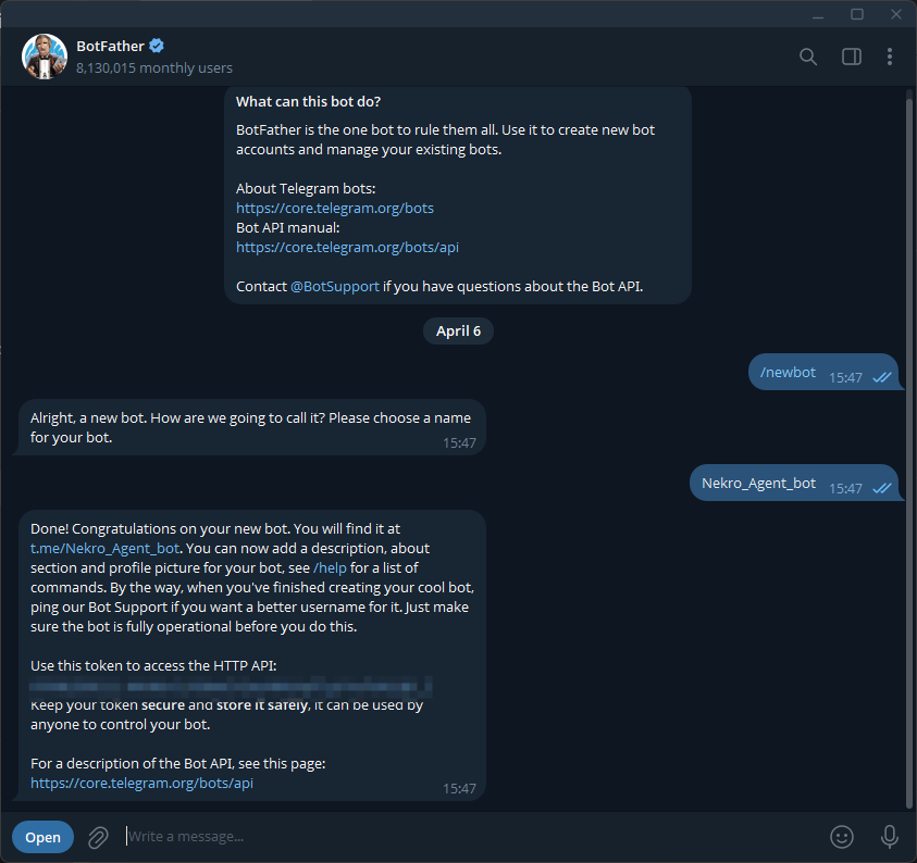 BotFather 创建机器人并返回 Token